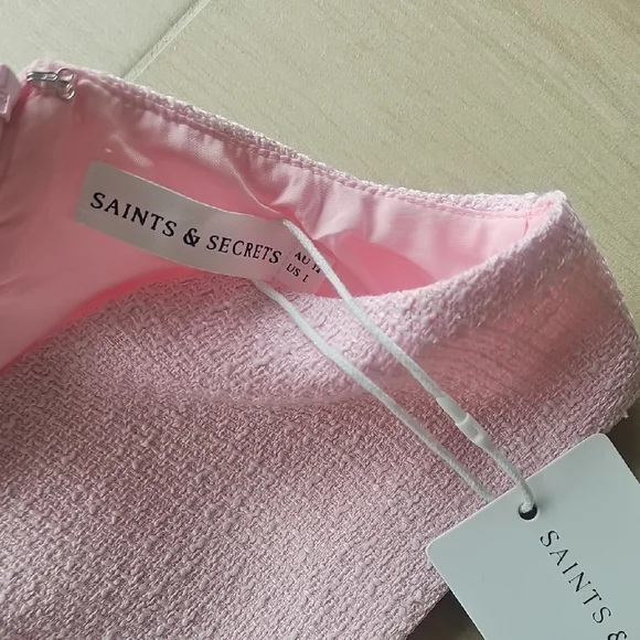 Hello Molly/ Saints & Secrets Sleeveless Pink Tweed Mini Dress with Gold Buttons - Picture 3 of 7